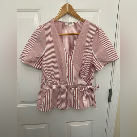 Women’s Madewell Red Striped Short Sleeve Wrap Top Size Medium - Picture 1 of 4